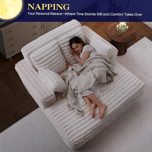 Oversized Chaise Lounge Indoor Beige Modern Plush Corduroy Fabric Deep Seat Boneless Memory Foam Sleeper Sofa Chair with Pillows for Living Room Bedroom Studio No Assembly Couch