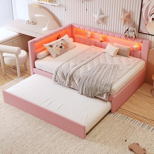 Twin Size White Daybed with Trundle and L-Shaped Bookshelf Headboard for Kids Boys Girls