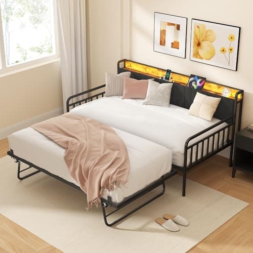 Heavy Duty Metal Twin Bed Frame with Pop Up Trundle for Living Room Bedroom Guest Room
| Twin Daybed with LED Lights Charging Station Upholstered Headboard Black
| Black Heavy Duty Metal Twin Bed Frame with Pop Up Trundle for Guest Room
