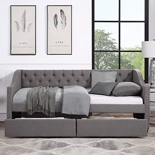 Twin Size Daybed with Storage & Linen Fabric, Wood Slat Support, Gray