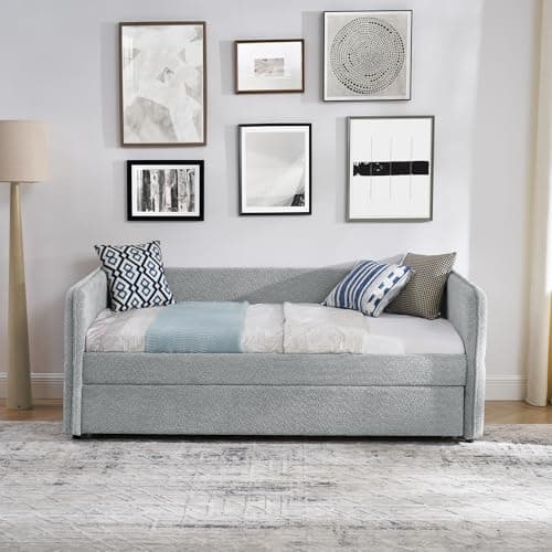 Twin Size Daybed with Trundle, Boucle Fabric, Grey, Easy Assembly