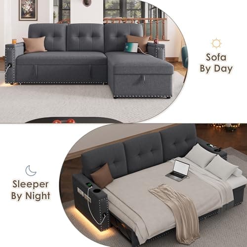 HIFIT Grey Shaped Sectional Sleeper Sofa with Storage & USB Port