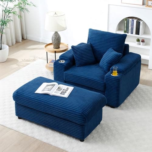 Modern Upholstered Blue Chaise Longue with Cup Holders & Storage Ottoman
