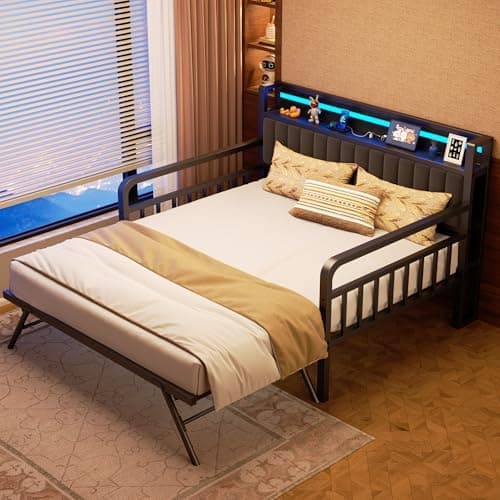 Daybed with Trundle and LED Light, Heavy Duty Metal Twin Bed Frame with Upholstered Storage Headboard & Charging Station, Day Bed Pop Up Trundle Bed Twin for Living Room,Bedroom and Guest Room (Black)