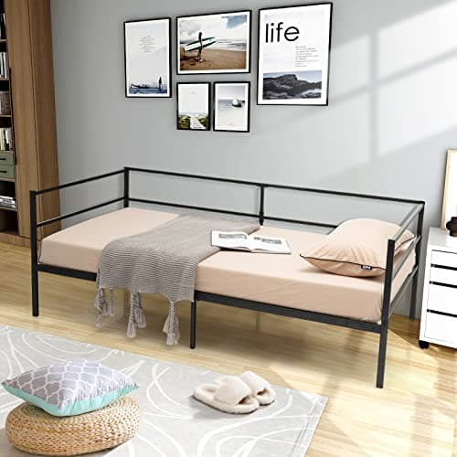 Giantex Black Metal Twin Daybed with Slats & Guardrails