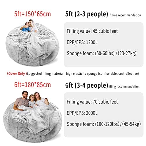 Dark Grey Big Round Soft Fluffy Bean Bag Chair Cover, Living Room Essential