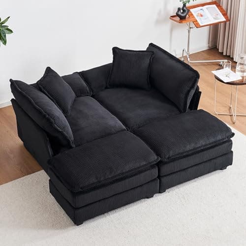 Modern Black L-Shaped Loveseat with Movable Ottoman