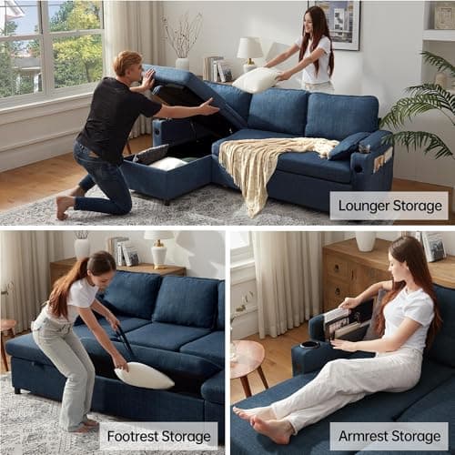 DURASPACE Blue Linen L-Shaped Sofa Bed with Storage Chaise