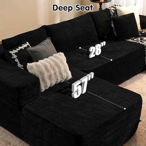 Ovios 104" L-Shape Chaise Cloud Sectional Sofa, Black (Corduroy Fabric)