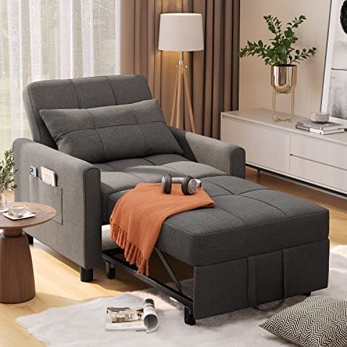 3-in-1 Convertible Futon Sofa Recliner, Dark Grey Linen Fabric Bed for Living Room Apartment