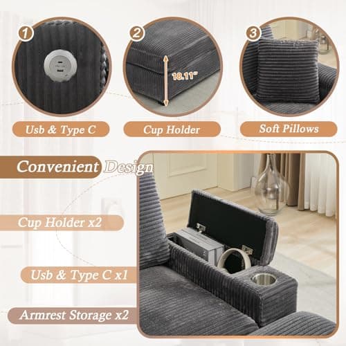 Oversized Grey Double Chaise Lounge with Ottomans and Armrest Storage for Living Room or Bedroom
Oversized Grey Corduroy Chaise Lounge with Cup Holder and USB Port for Living Room or Bedroom
Oversized Grey Chaise Lounge with Armrest Storage, Cup Hold