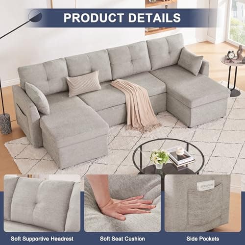 Light Grey 110 Inch 2-in-1 Pullout Couch Bed with Storage Chaise