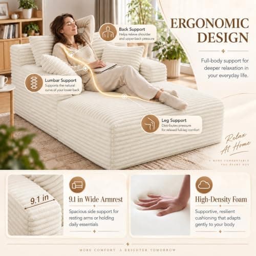 49" Chaise Lounge Indoor, Oversized Chaise Lounge Chair with 3 Comfy Pillows for Living Room Bedroom, Wide Arms Corduroy Fabric High-Density Foam No Assembly Required (White)