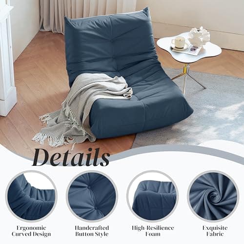 Modern Suede Bean Bag Chair for Adults, Dark Blue Corner Sofa Couch
