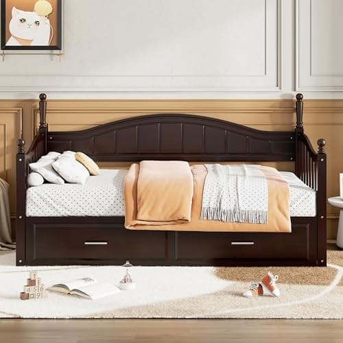 Merax Modern Wood Daybed with Pop Up Trundle for Kids Teens Adults Espresso