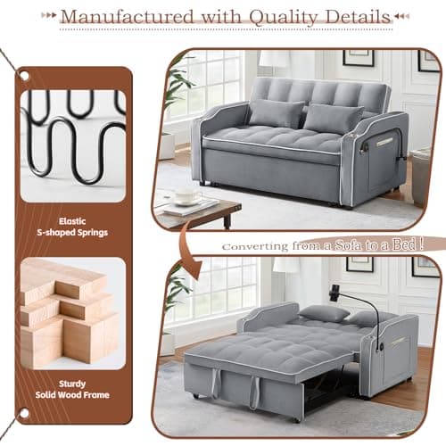 Light Grey Convertible Velvet Pull Out Sofa Bed with Phone Holder