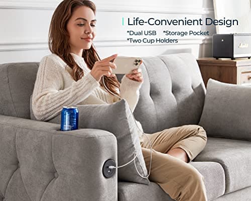 LINSY HOME Full Size Pull-Out Sofa Bed with USB Charging (Grey)