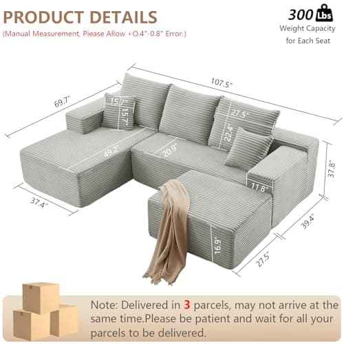 107" Grey Left-Facing Modular U-Shaped Couch with Chaise, No Assembly Required