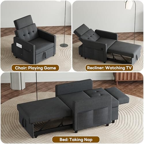 LIKIMIO 3-in-1 Sleeper Sofa Chair Bed, Dark Grey Linen Fabric