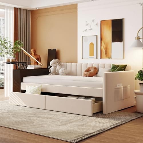 Gray Velvet Twin Daybed with Pop-Up Drawer & Backrest for Any Room