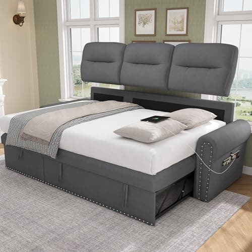 Dark Grey Velvet Reversible Sleeper Sofa Bed with Storage Chaise & Nailhead Armrest