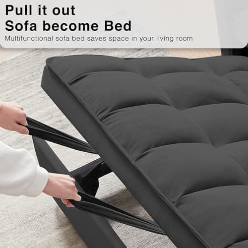 3 in 1 Convertible Sleeper Sofa Bed, Black Velvet Living Room Couch with Side Pocket | Adjustable Backrest