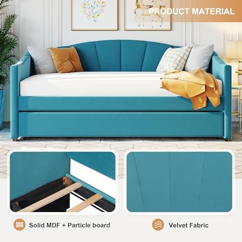 Blue Velvet Upholstered Daybed with Trundle and Backrest