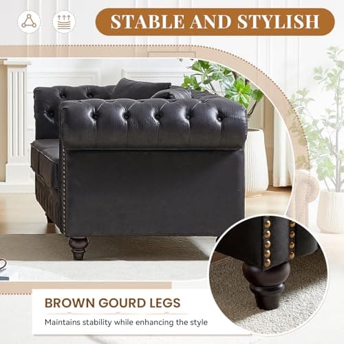 Modern Black Faux Leather Chesterfield Love Seat Sofa, 63.5-Inch With Rolled Arms and Tufting