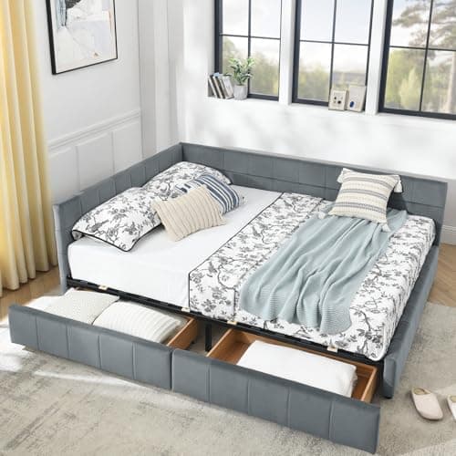 Antetek Modern Tufted Velvet Full Daybed with Storage Drawers, Blue