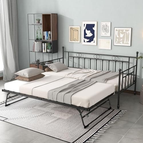 Vintage Metal Twin Day Bed with Pop-Up Trundle for Home Office
