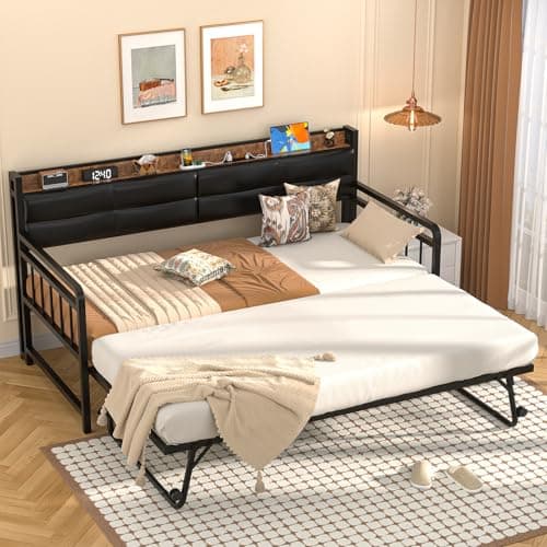 Homieasy Rustic Brown Twin Daybed with Trundle & Charging Station