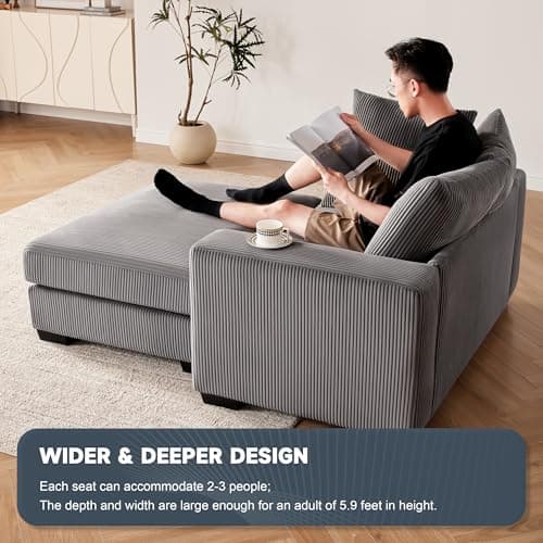 58.3" Comfortable Oversized Chaise Lounge, Solid Wood Recliner with Cushioned Seats & Wide Armrests, Grey