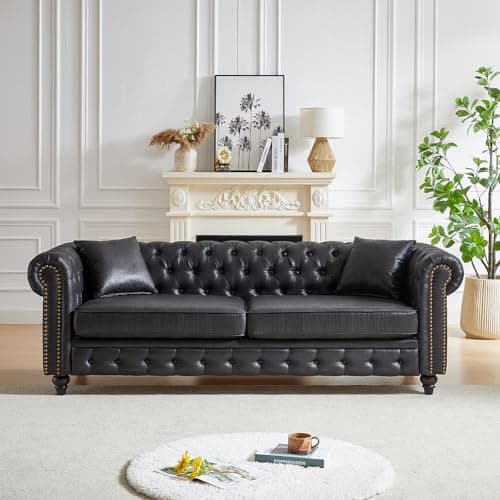 Modern Black Faux Leather Chesterfield Love Seat Sofa, 63.5-Inch With Rolled Arms and Tufting