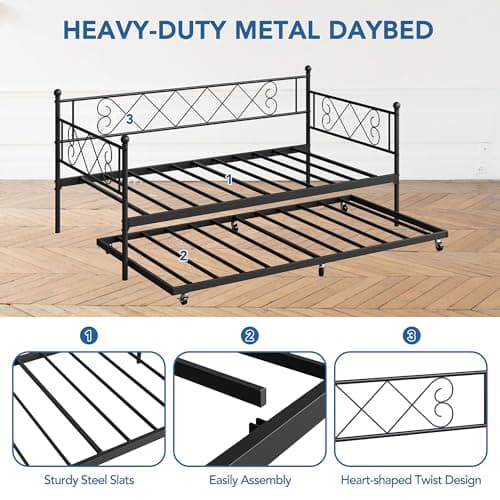 Twin Metal Daybed with Trundle, Premium Steel Support, Black