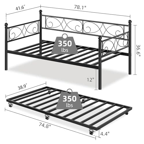 Modern Metal Daybed with Pull-Out Trundle and Floral Headboard, Twin Size, Black