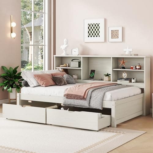 Full Size L-Shaped Floor Bed with Storage, Charging Station, & LED Headboard