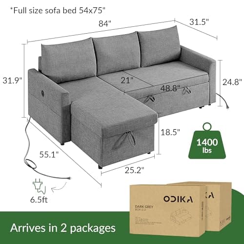 L-Shaped Sleeper Sofa Bed, 84" Sectional with Storage & USB Charging