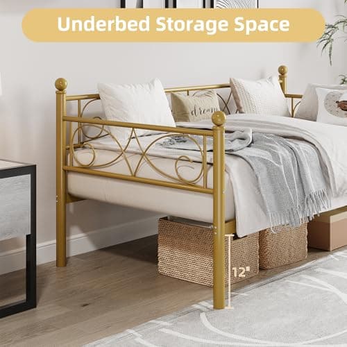 Modern Gold Metal Day Bed with Floral Headboard, Heavy Duty Steel Slats Supports