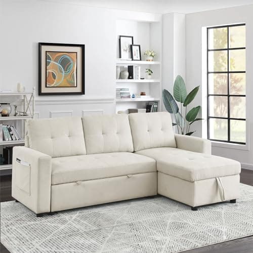 Antetek Reversible Sleeper Sectional Sofa with Storage Chaise, Beige