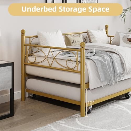 IDEALHOUSE Gold Twin Daybed with Trundle for Living Room and Guest Room
| Heavy Duty Metal IDEALHOUSE Gold Twin Daybed with Trundle for Space Saving Sleep in Bedroom
| IDEALHOUSE Gold Metal Trundle Bed Daybed Frame for Living Room and Bedroom
