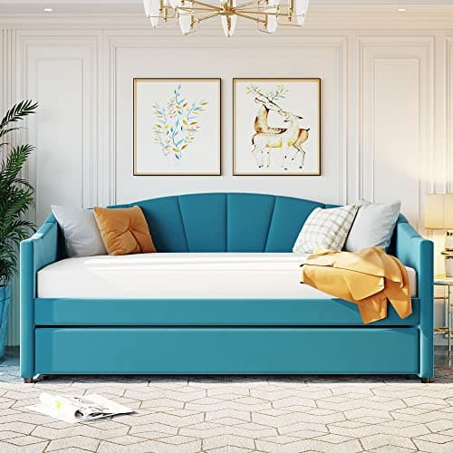 Blue Velvet Upholstered Daybed with Trundle and Backrest