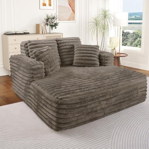 Oversized Chaise Lounge Indoor Beige Modern Plush Corduroy Fabric Deep Seat Boneless Memory Foam Sleeper Sofa Chair with Pillows for Living Room Bedroom Studio No Assembly Couch