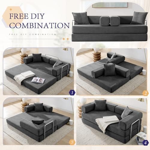 Dark Grey Convertible Sleeper Sofa Bed with Memory Foam & Cylindrical Pillows