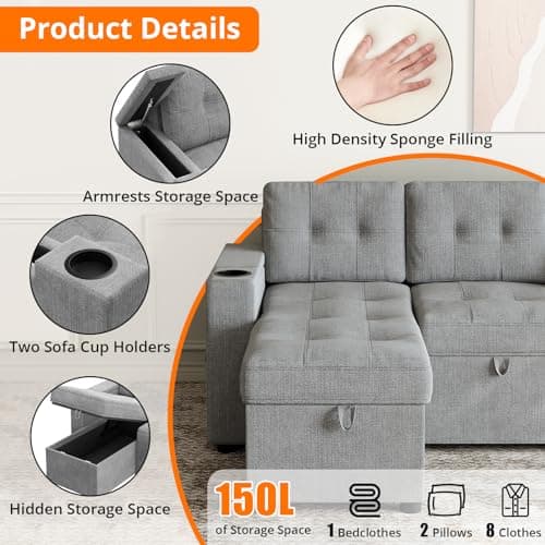 GAOMON 84 Inch L-Shaped Pull Out Sofa Bed with Storage