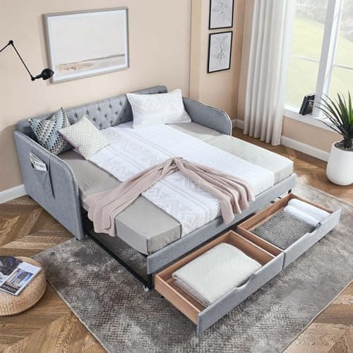 Modern 80.5 Daybed with Trundle Bed and Storage Drawer, Beige