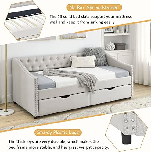 Beige Wood Twin Daybed with Storage & Button Design for Bedroom
