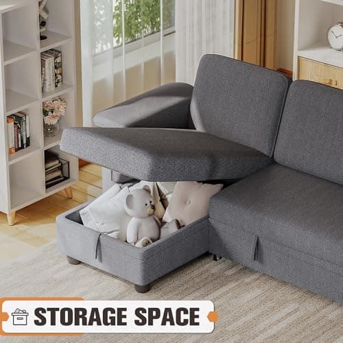 JUMMICO Grey Linen L-Shaped Sleeper Sofa with Storage