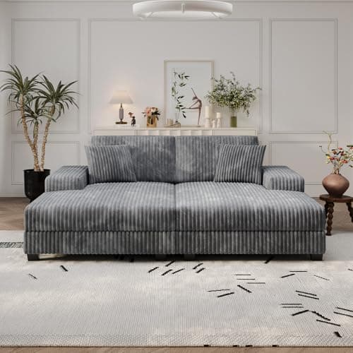 Oversized Modern Grey Corduroy Chaise Lounge Sleeper Couch with Storage Armrests