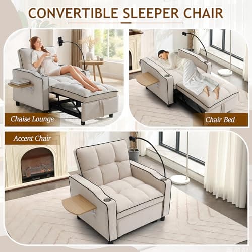 Modern Velvet Tufted Beige Convertible Sleeper Chair with Wing Table and Phone Holder