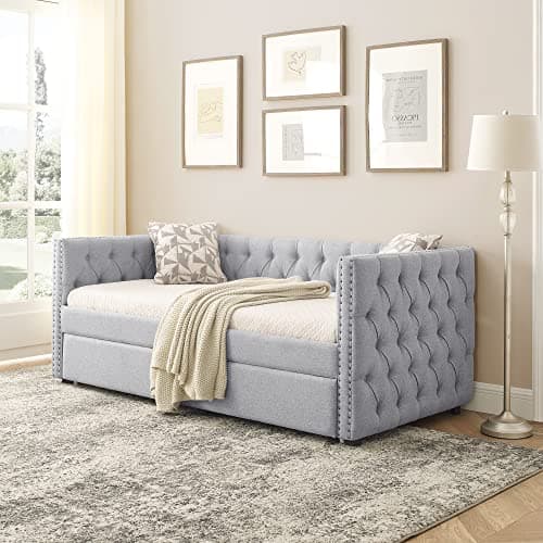 Twin Size Daybed with Trundle, Upholstered Sofa Bed Frame, Grey Linen